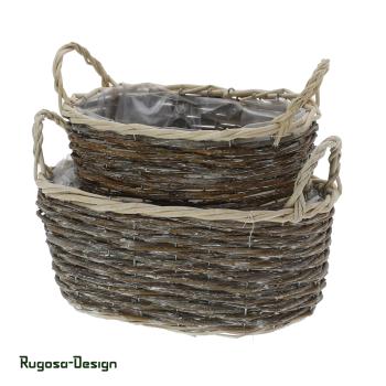 Weiden-Pflanzschalen mit Henkel oval, natur, 2er Satz