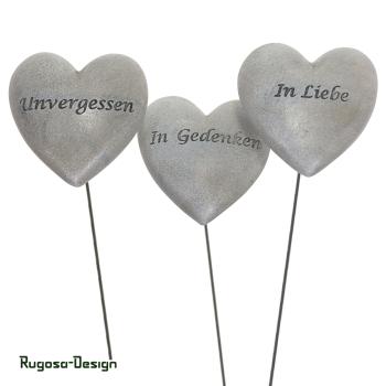 Polyresin-Herz mit Stab, grau, 8cm, 3fach sortiert
