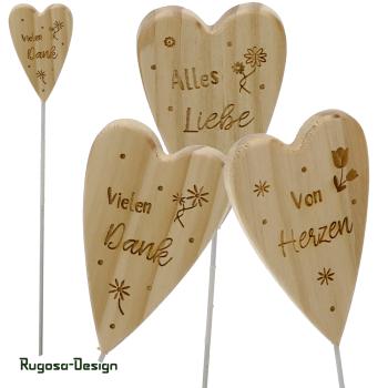 Holz-Herzstecker beschriftet, natur, 3fach sortiert