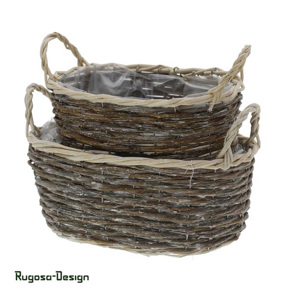 Weiden-Pflanzschalen mit Henkel oval, natur, 2er Satz