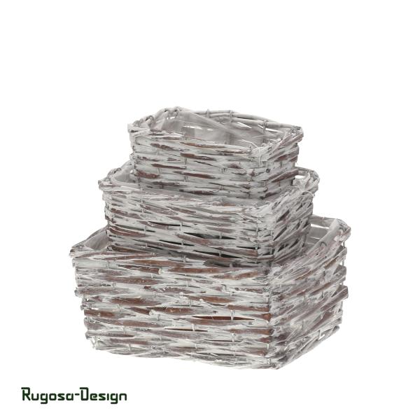 Weiden-Pflanzschalen rechteckig, mocha/raureif, 3er Satz