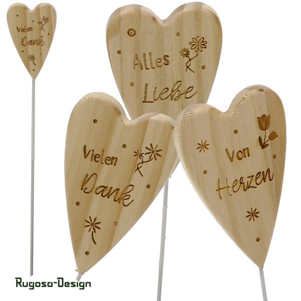 Holz-Herzstecker beschriftet, natur, 3fach sortiert